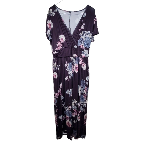 Ouges Purple Floral V-neck Midi Dress Empire Waist with Pockets Sz XL - Picture 1 of 8